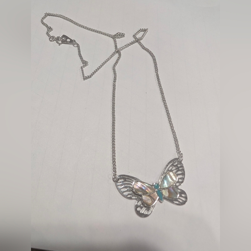 Silver Butterfly Pendant Necklace with Mother-of-Pearl Inlay